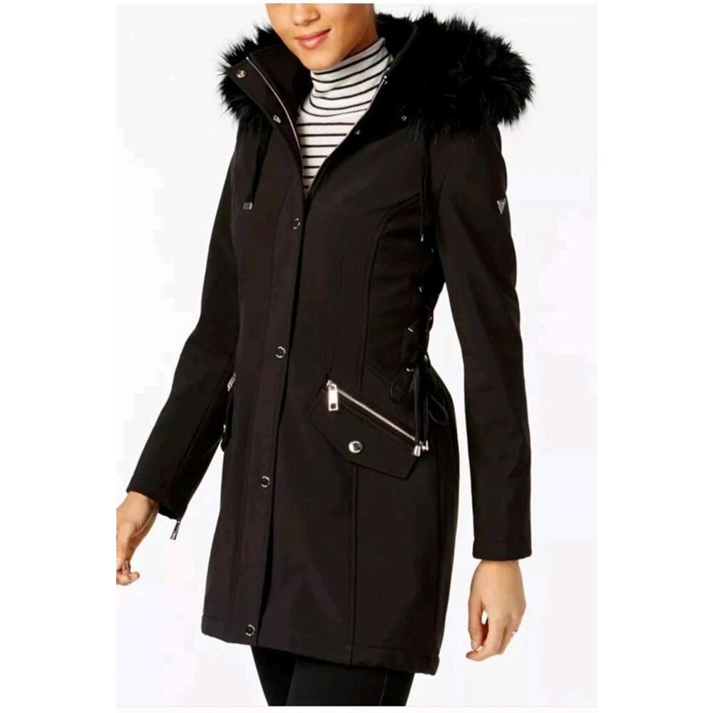 Guess Faux-Fur-Trim Lace-Up Coat Large Heavy Ski Winter